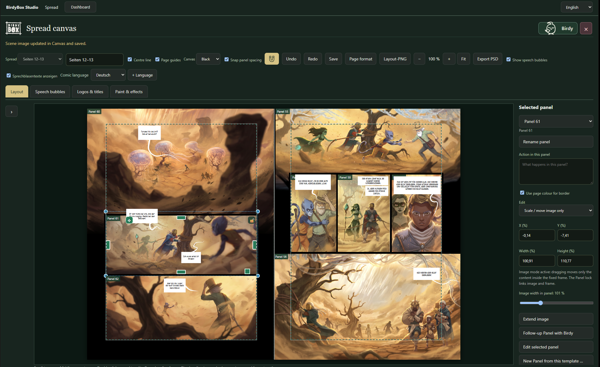 Ria double-page spread in BirdyBox with panel layout controls, guides and speech balloons.